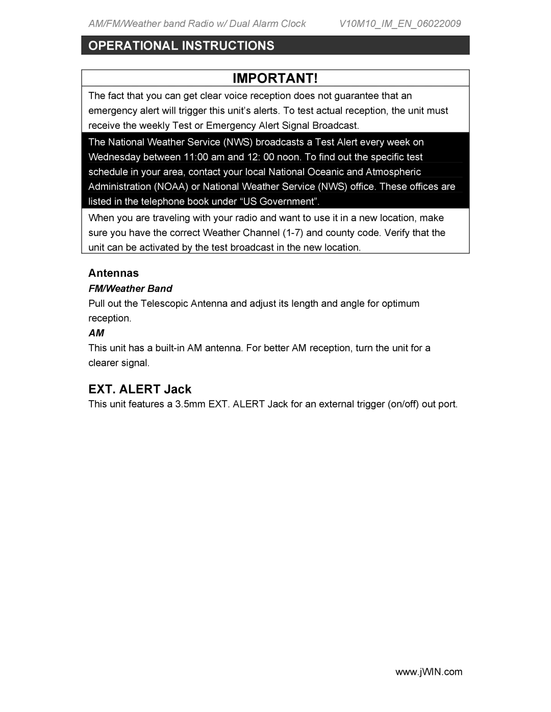 Jwin JX-M133 instruction manual EXT. Alert Jack, Antennas 