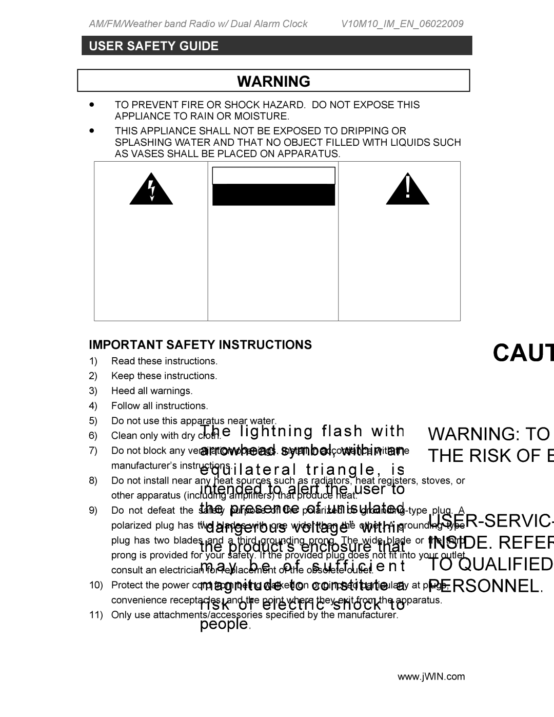 Jwin JX-M133 instruction manual User Safety Guide, Important Safety Instructions 