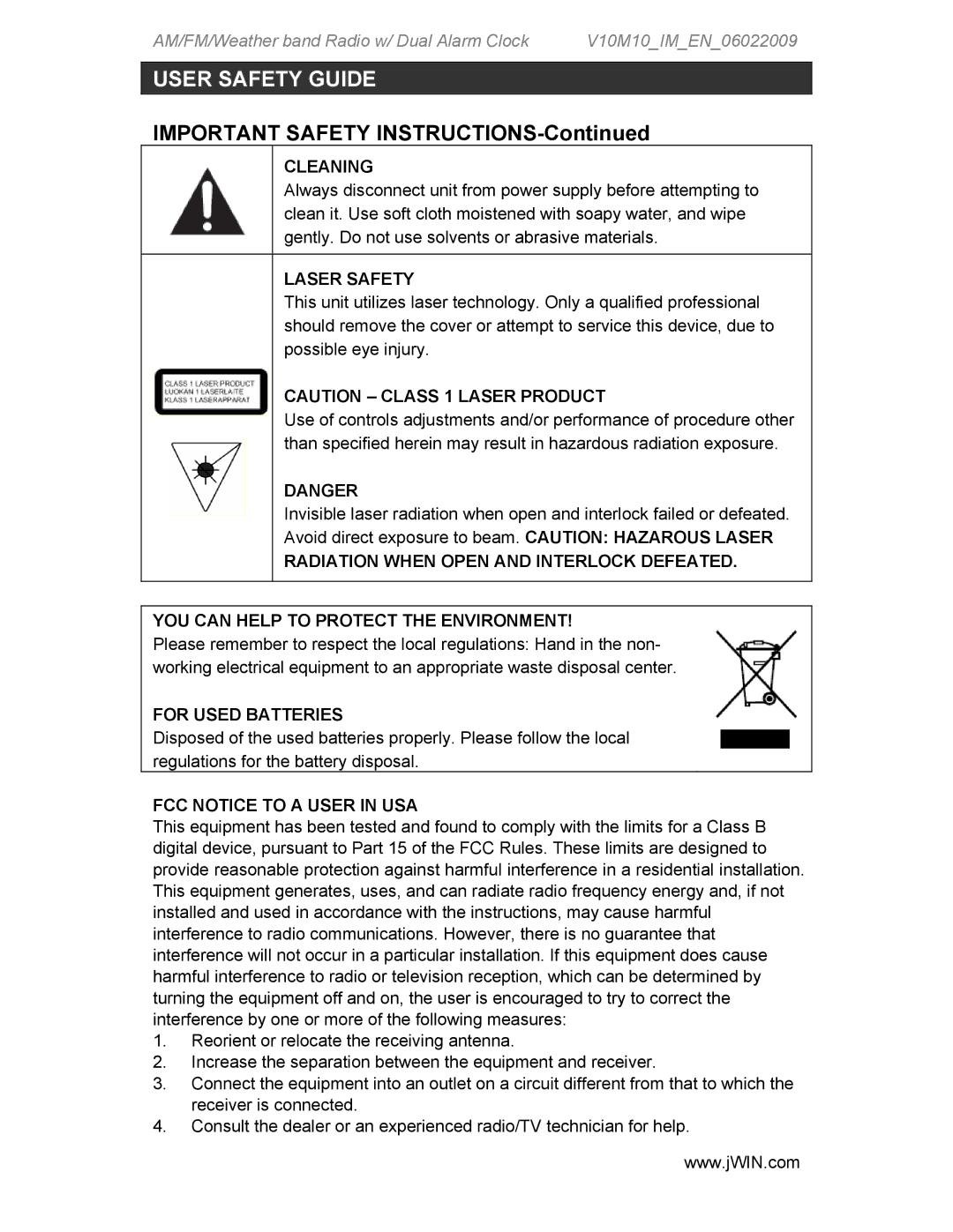 Jwin JX-M133 instruction manual Cleaning, Laser Safety, For Used Batteries, FCC Notice to a User in USA 