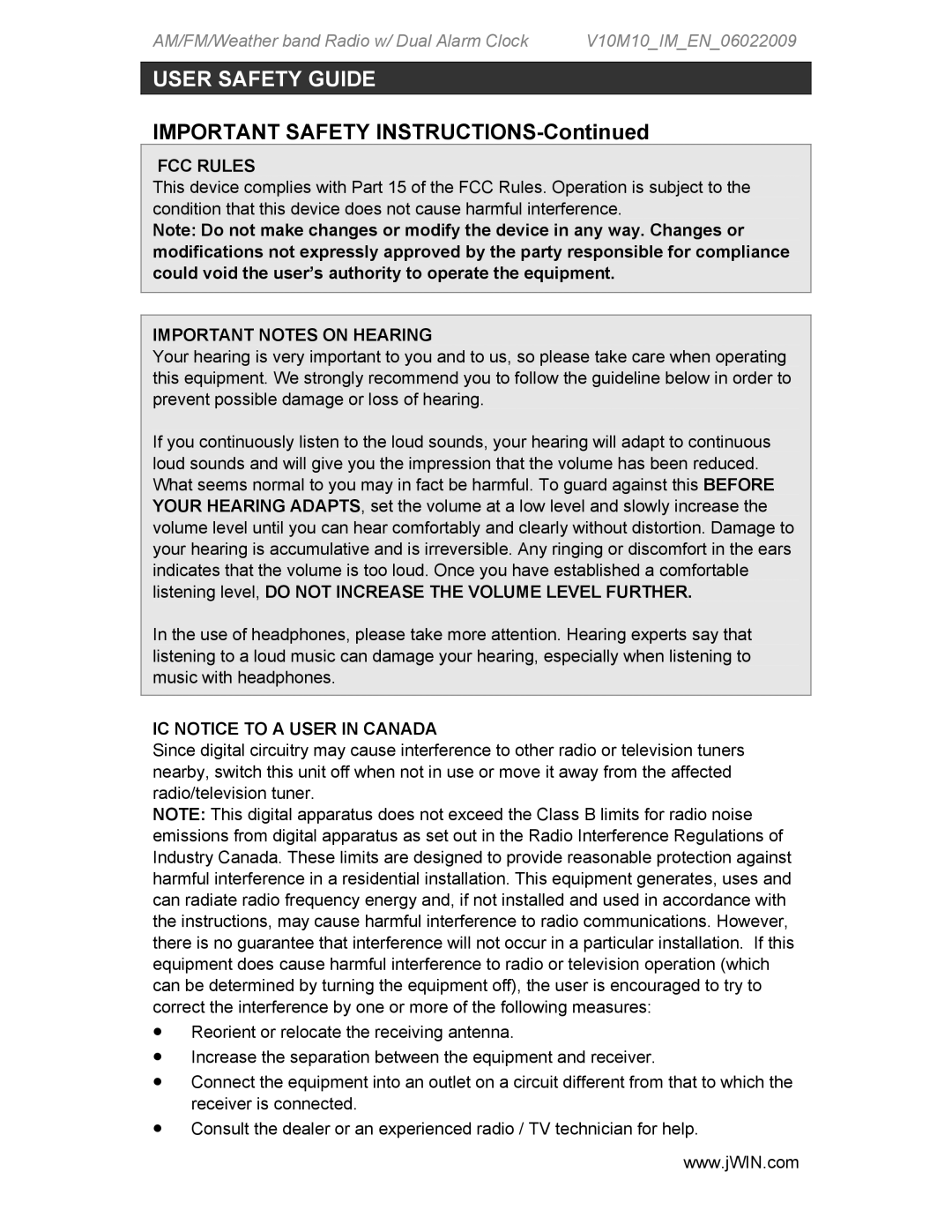 Jwin JX-M133 instruction manual FCC Rules, Important Notes on Hearing, IC Notice to a User in Canada 