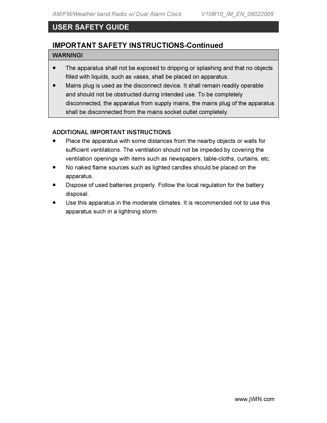 Jwin JX-M133 instruction manual Additional Important Instructions 