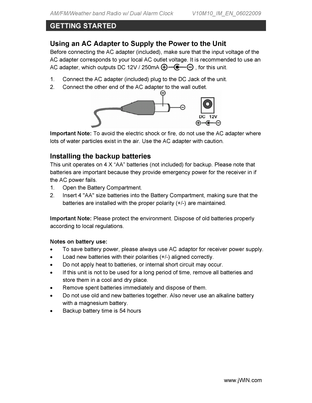 Jwin JX-M133 instruction manual Using an AC Adapter to Supply the Power to the Unit, Installing the backup batteries 