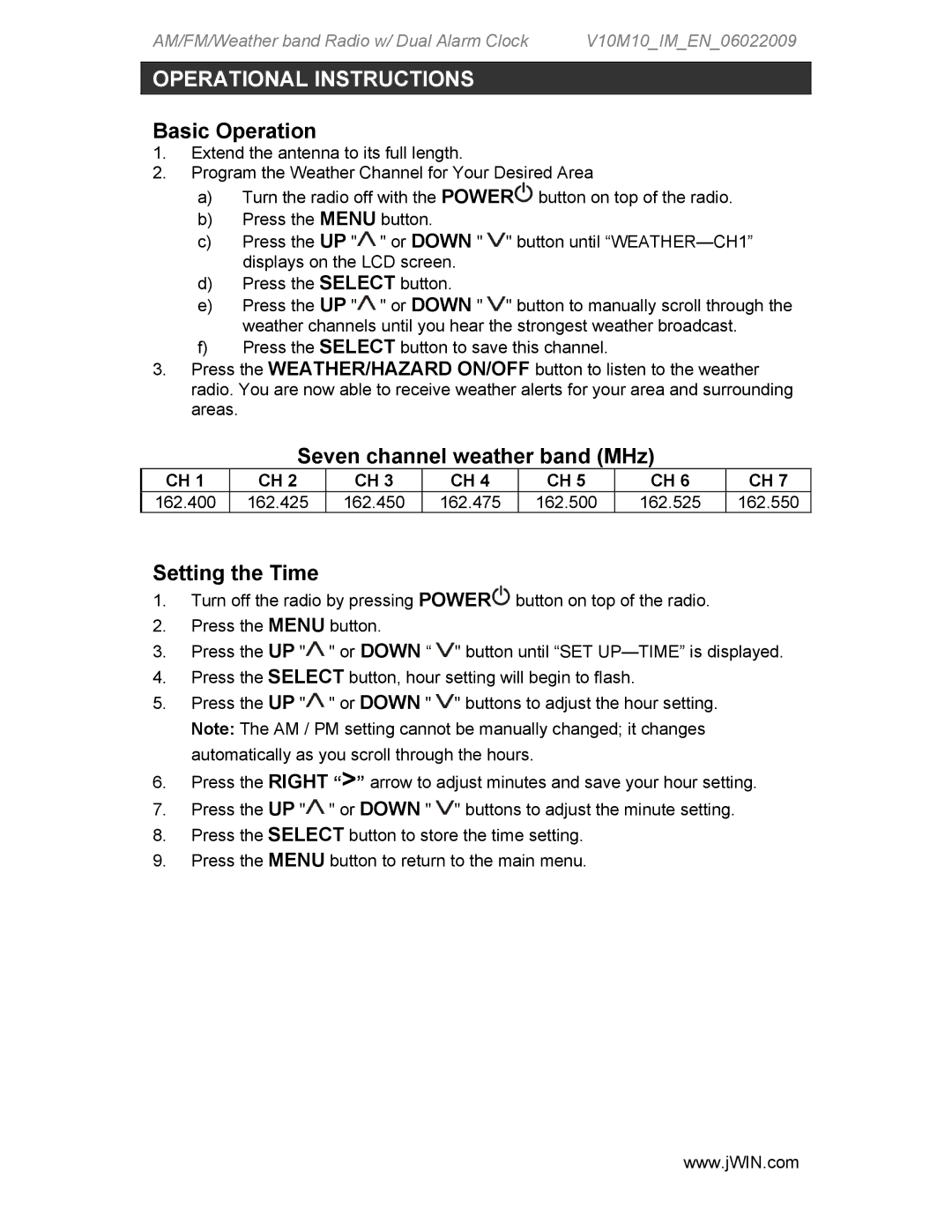 Jwin JX-M133 instruction manual Operational Instructions, Basic Operation, Seven channel weather band MHz, Setting the Time 