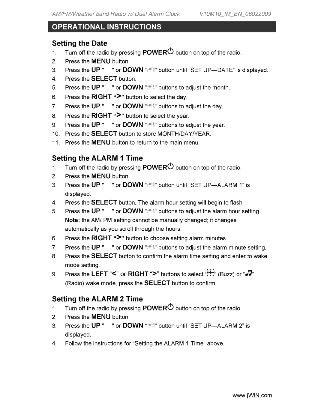 Jwin JX-M133 instruction manual Setting the Date, Setting the Alarm 1 Time, Setting the Alarm 2 Time 