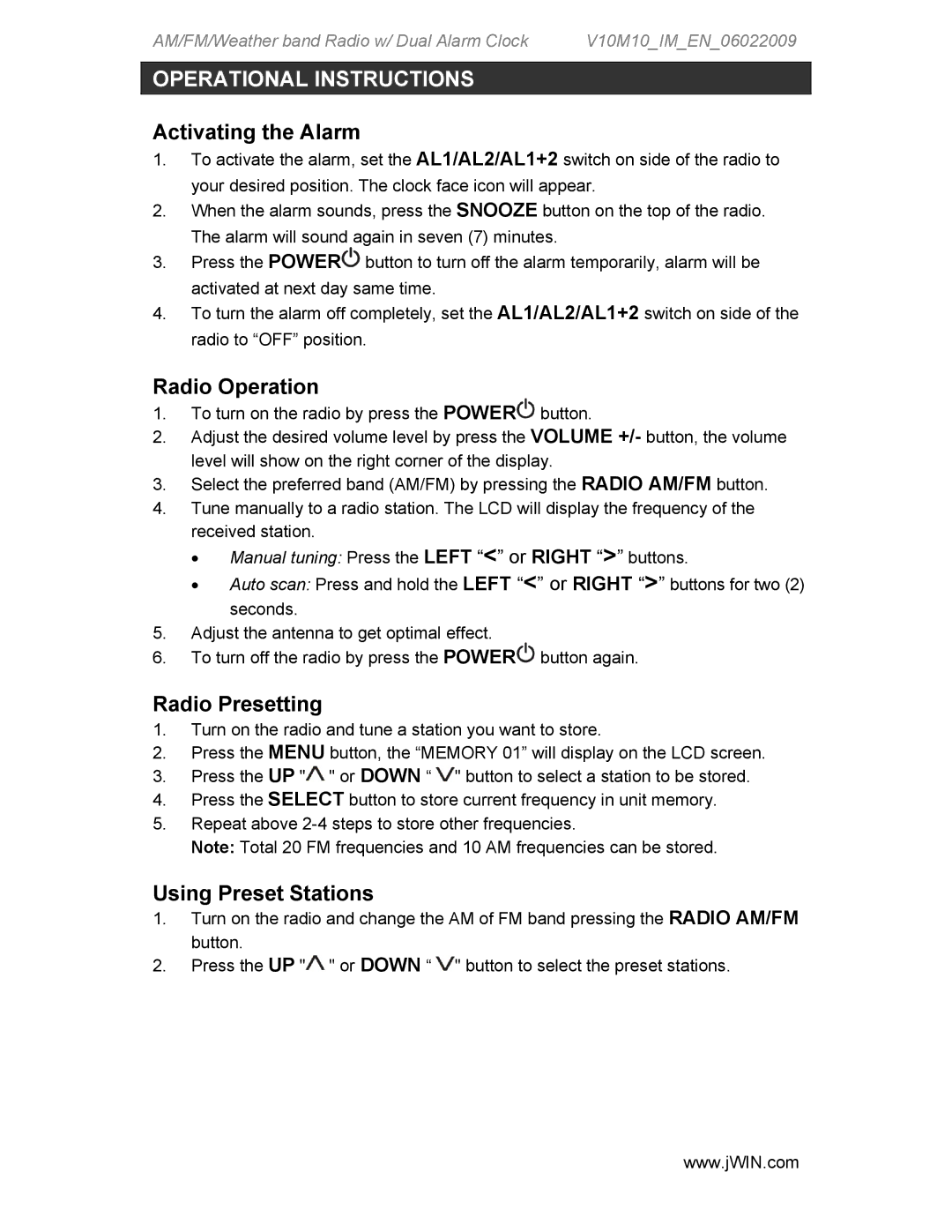 Jwin JX-M133 instruction manual Activating the Alarm, Radio Operation, Radio Presetting, Using Preset Stations 