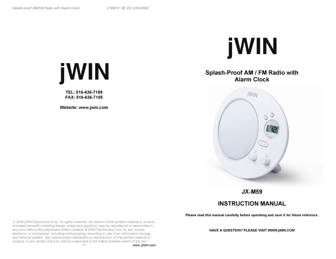 Jwin instruction manual Splash-Proof AM / FM Radio with Alarm Clock JX-M59, Tel Fax 