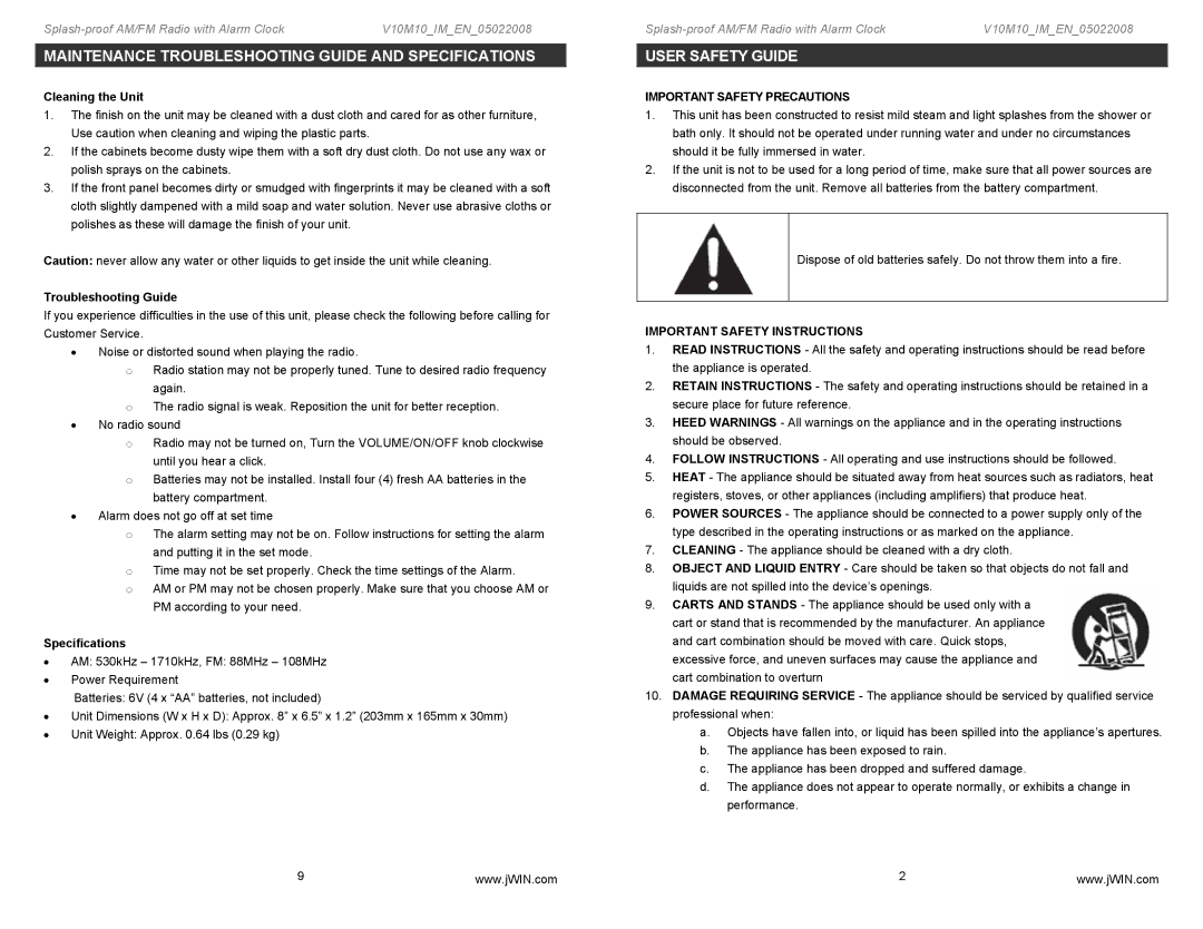 Jwin JX-M59 Maintenance Troubleshooting Guide and Specifications, User Safety Guide, Important Safety Precautions 