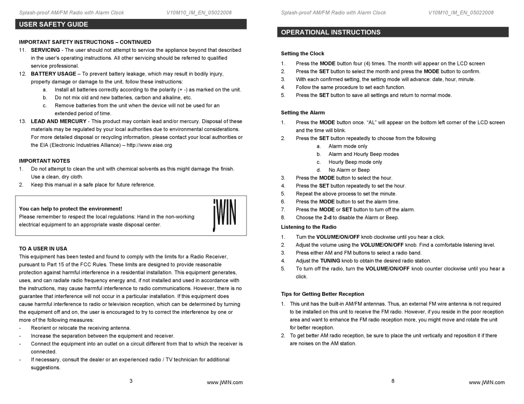 Jwin JX-M59 instruction manual Operational Instructions, Important Notes, To a User in USA 