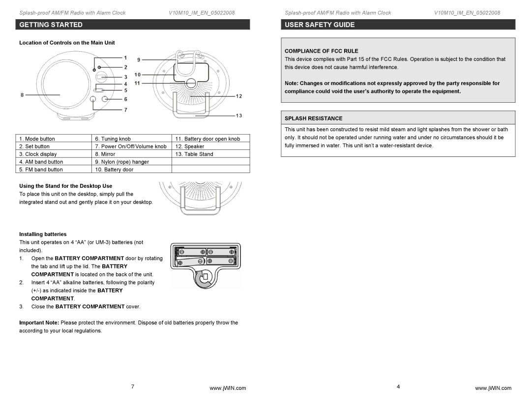 Jwin JX-M59 instruction manual Getting Started, Compliance of FCC Rule, Splash Resistance 