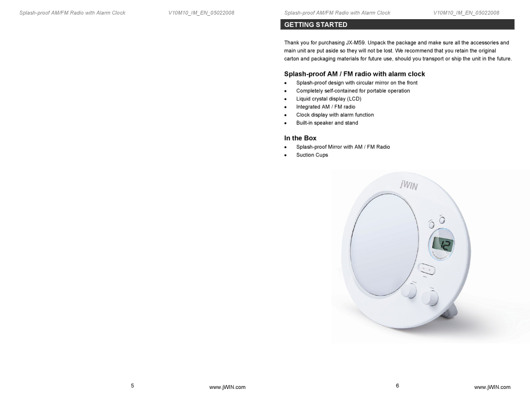 Jwin JX-M59 instruction manual Splash-proof AM / FM radio with alarm clock, Box 