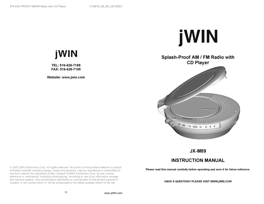 Jwin instruction manual Splash-Proof AM / FM Radio with CD Player JX-M89, Tel Fax 