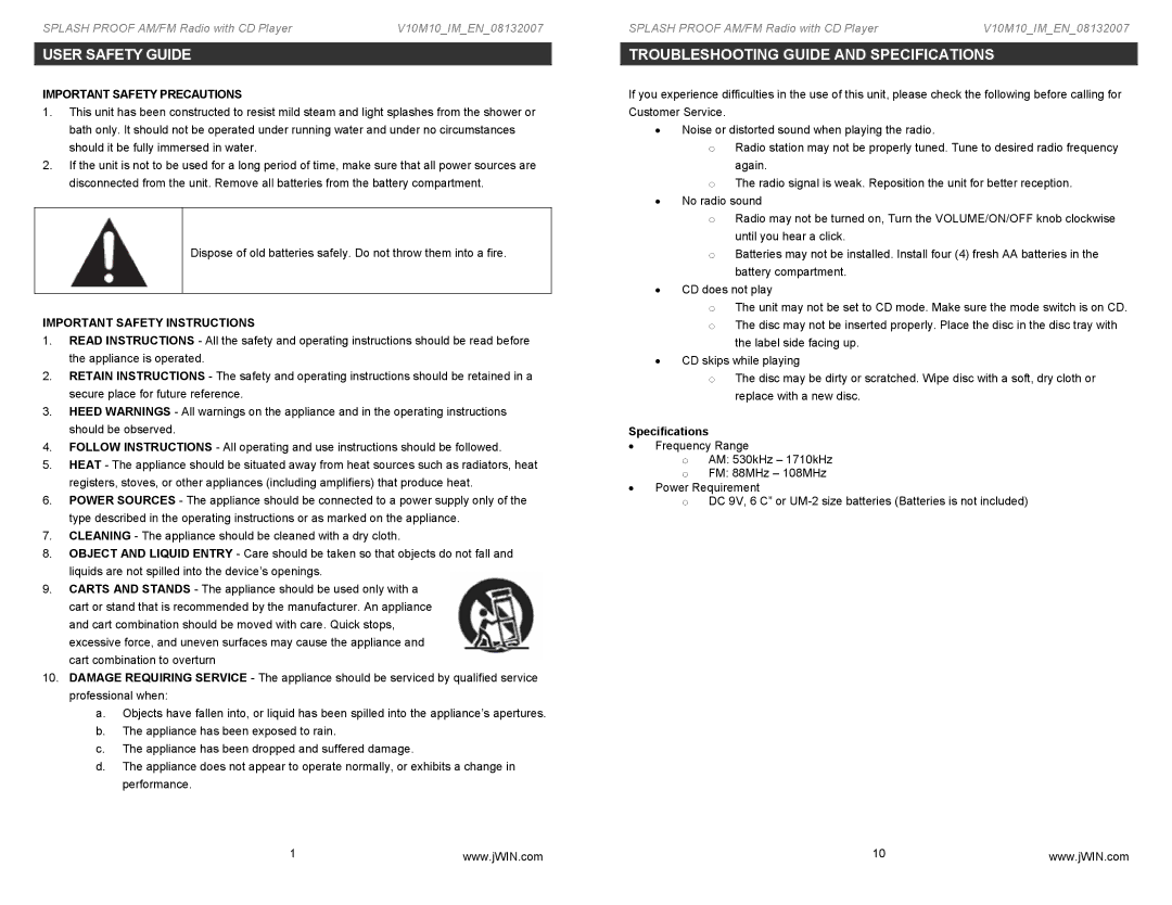 Jwin JX-M89 instruction manual User Safety Guide, Troubleshooting Guide and Specifications, Important Safety Precautions 