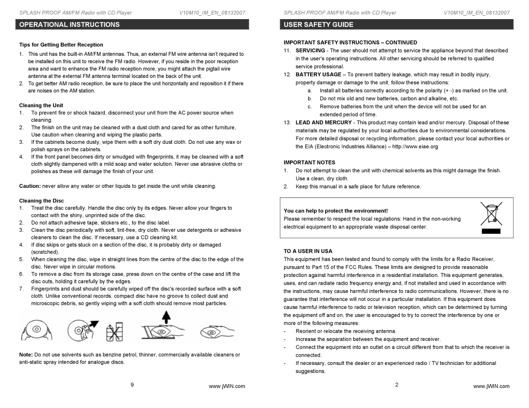 Jwin JX-M89 instruction manual Operational Instructions, Important Notes, To a User in USA 