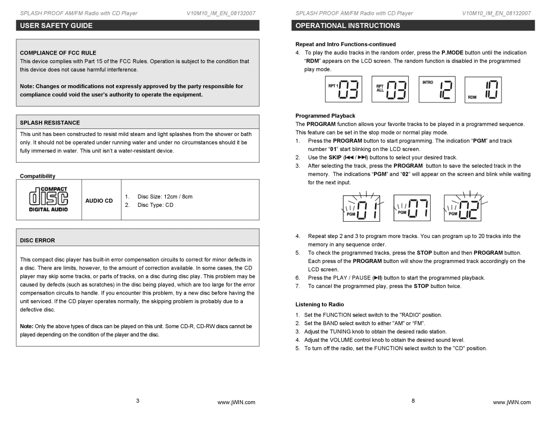 Jwin JX-M89 instruction manual Compliance of FCC Rule, Splash Resistance, Audio CD, Disc Error 