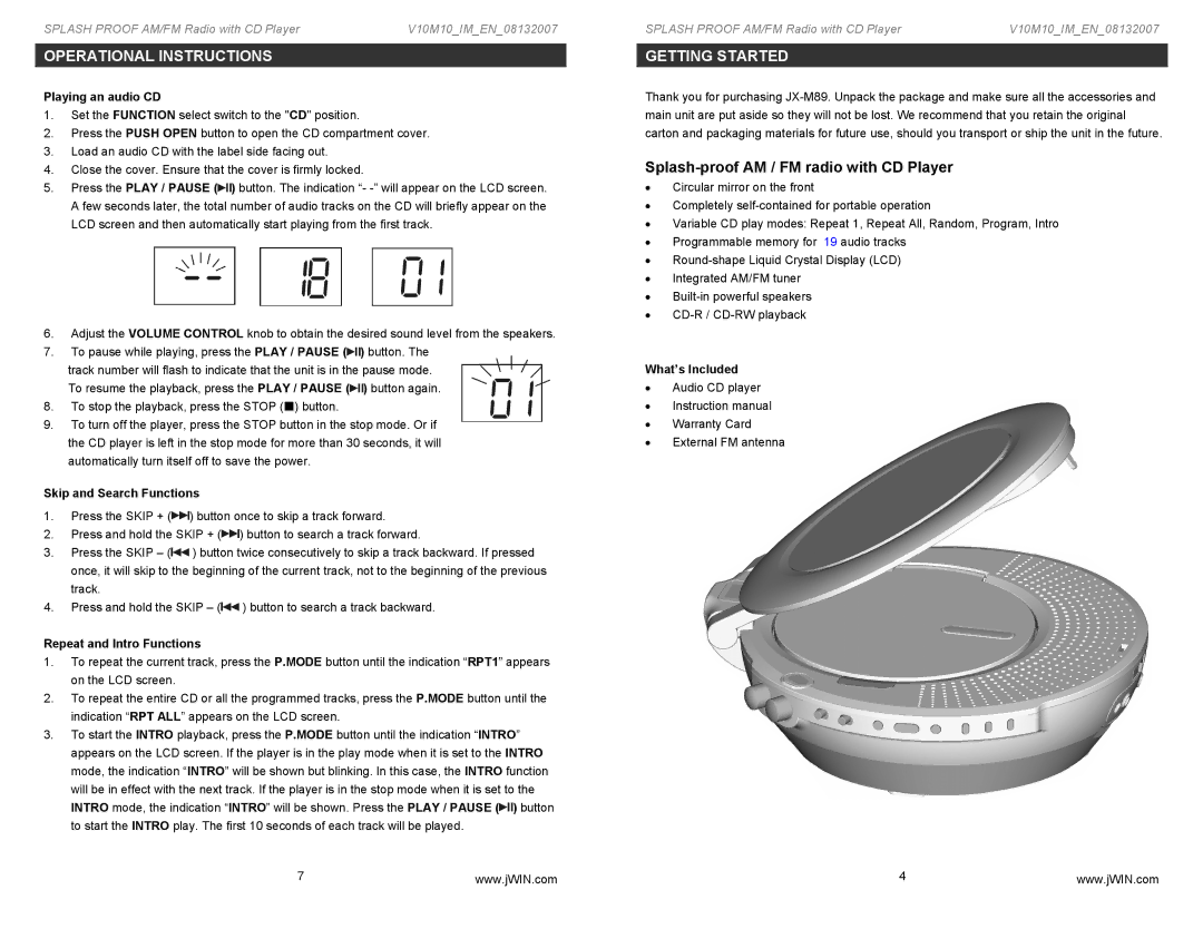 Jwin JX-M89 Getting Started, Splash-proof AM / FM radio with CD Player, Playing an audio CD, Skip and Search Functions 