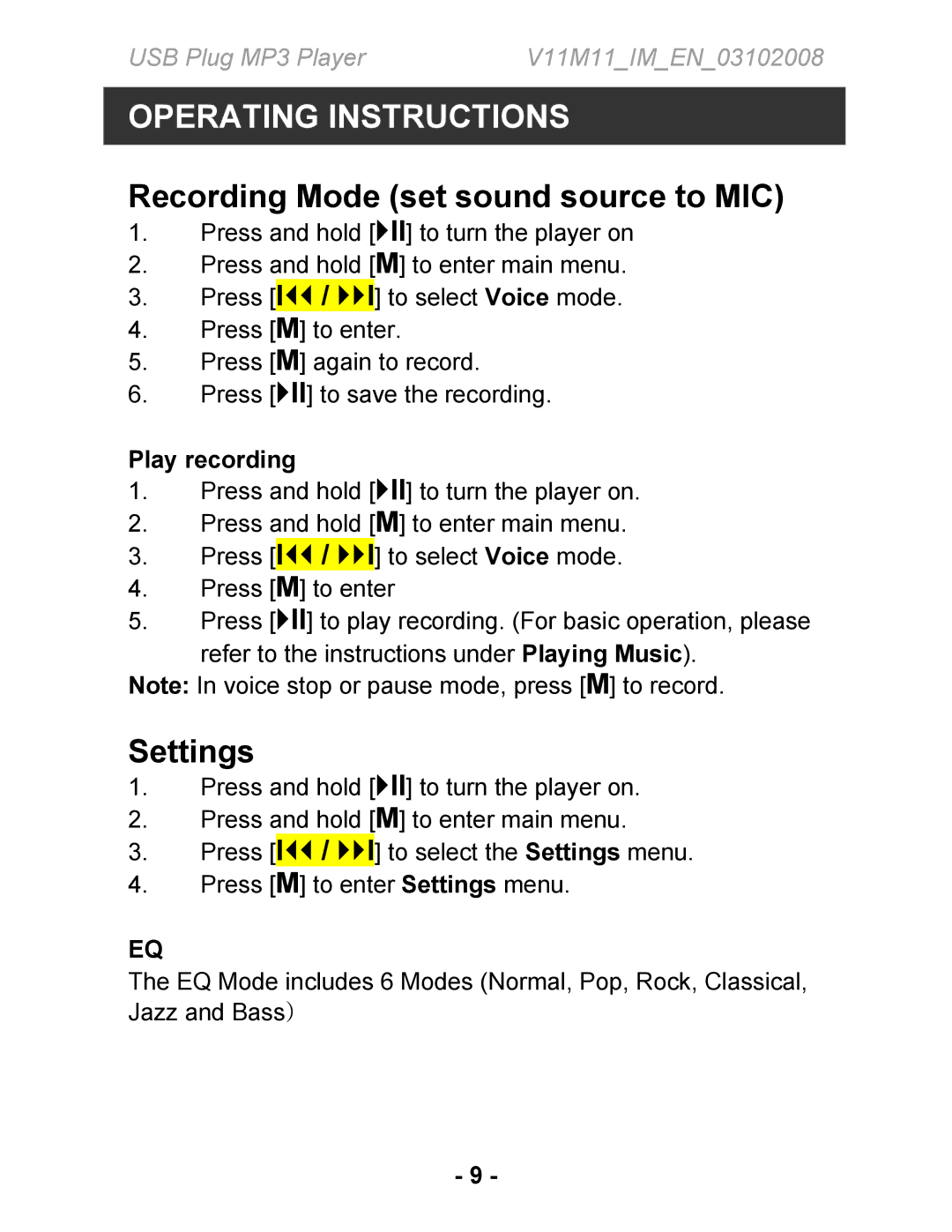 Jwin JX-MP102, JX-MP104, JX-MP101 instruction manual Recording Mode set sound source to MIC, Settings, Play recording 