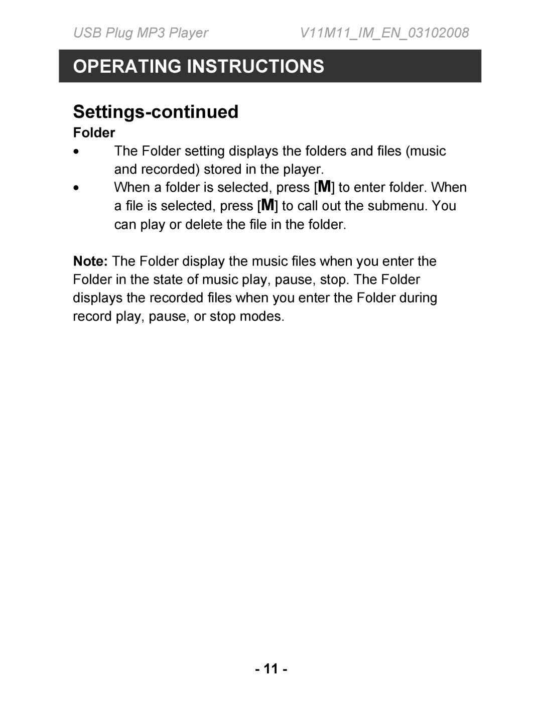 Jwin JX-MP104, JX-MP102, JX-MP101 instruction manual Folder 