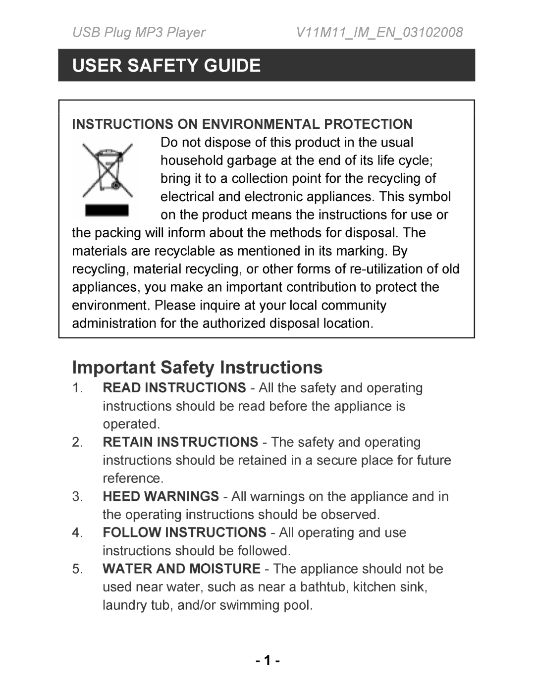 Jwin JX-MP101, JX-MP104, JX-MP102 instruction manual User Safety Guide, Important Safety Instructions 