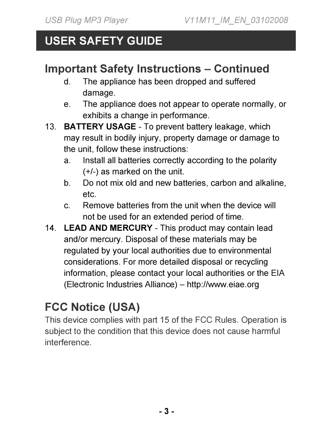 Jwin JX-MP102, JX-MP104, JX-MP101 instruction manual FCC Notice USA 