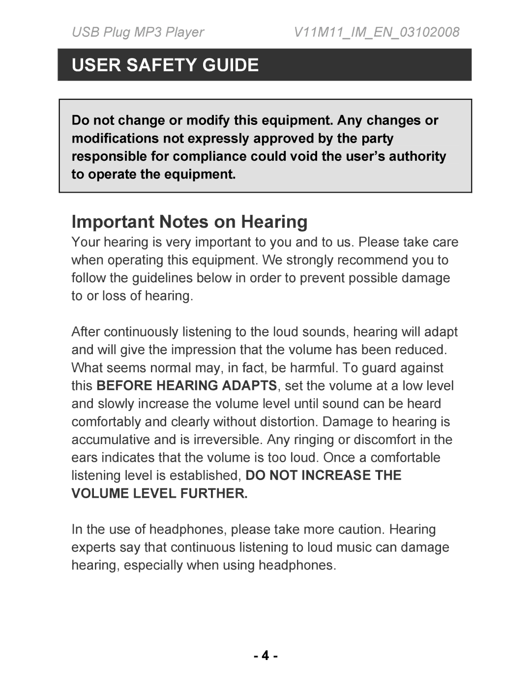 Jwin JX-MP101, JX-MP104, JX-MP102 instruction manual Important Notes on Hearing, Volume Level Further 