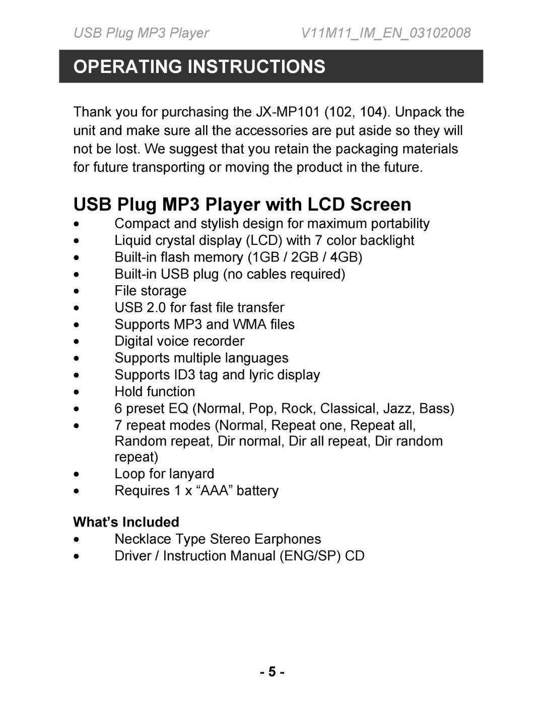 Jwin JX-MP104, JX-MP102, JX-MP101 Operating Instructions, USB Plug MP3 Player with LCD Screen, What’s Included 