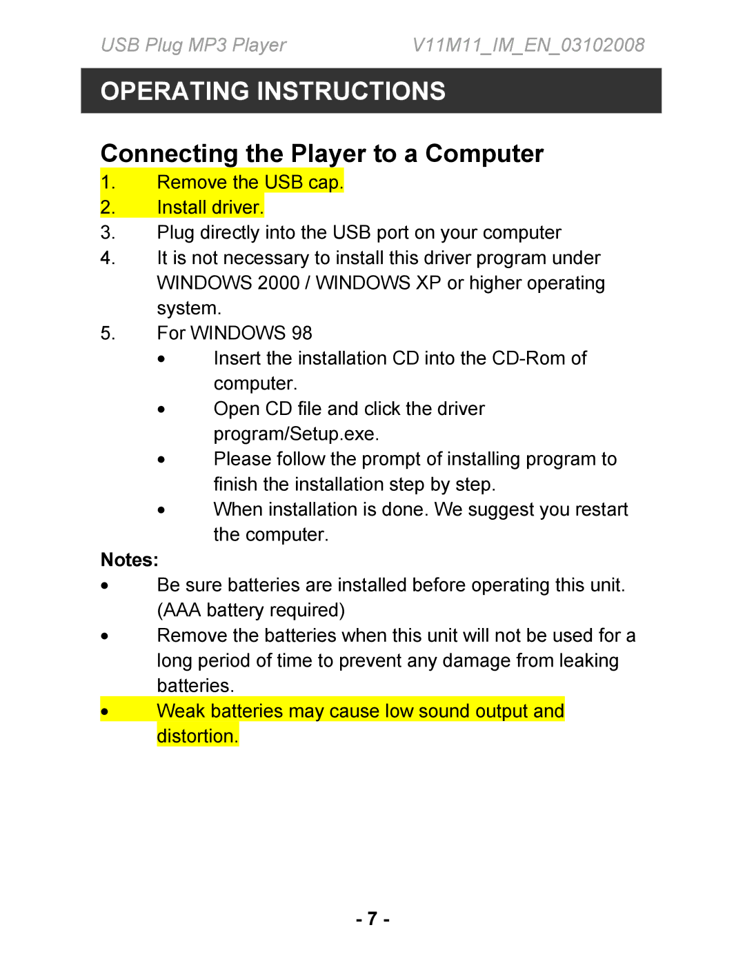 Jwin JX-MP101, JX-MP104, JX-MP102 instruction manual Connecting the Player to a Computer 