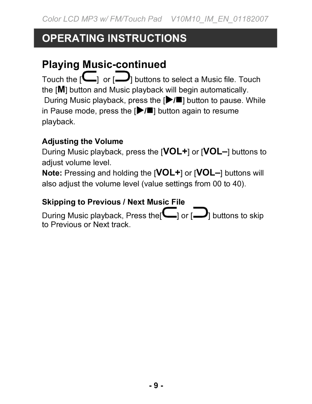 Jwin JX-MP231 instruction manual Adjusting the Volume, Skipping to Previous / Next Music File 