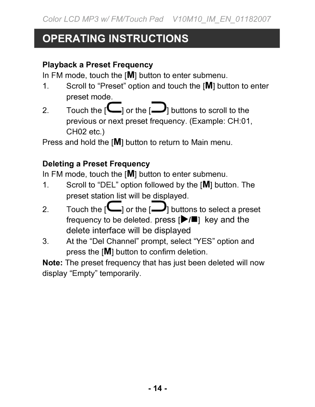 Jwin JX-MP231 instruction manual Playback a Preset Frequency, Deleting a Preset Frequency 