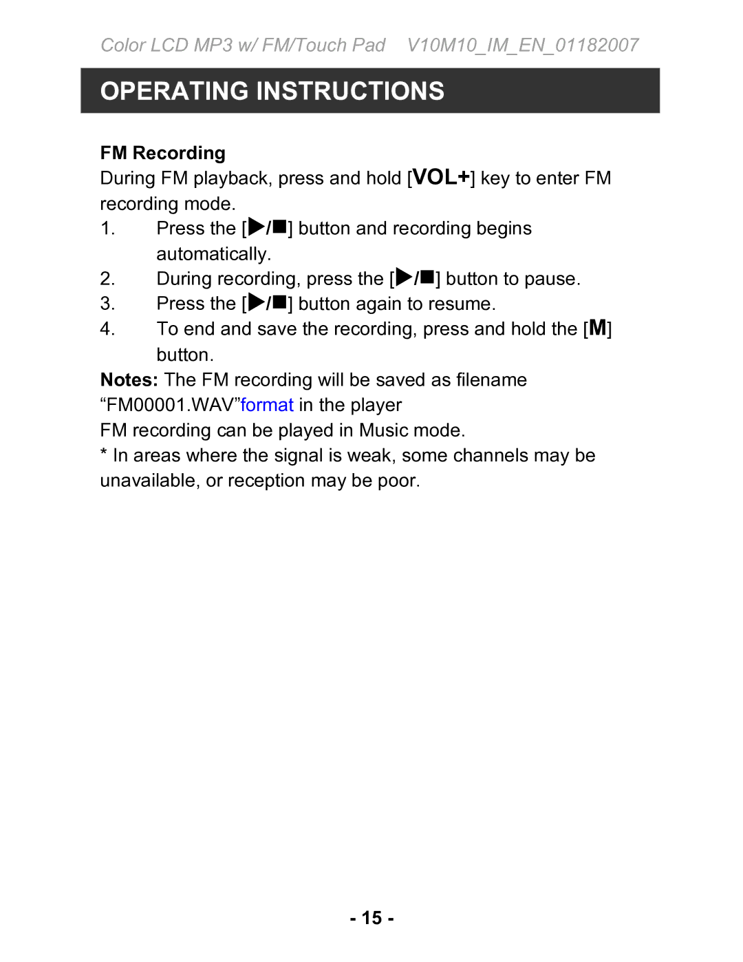 Jwin JX-MP231 instruction manual FM Recording 