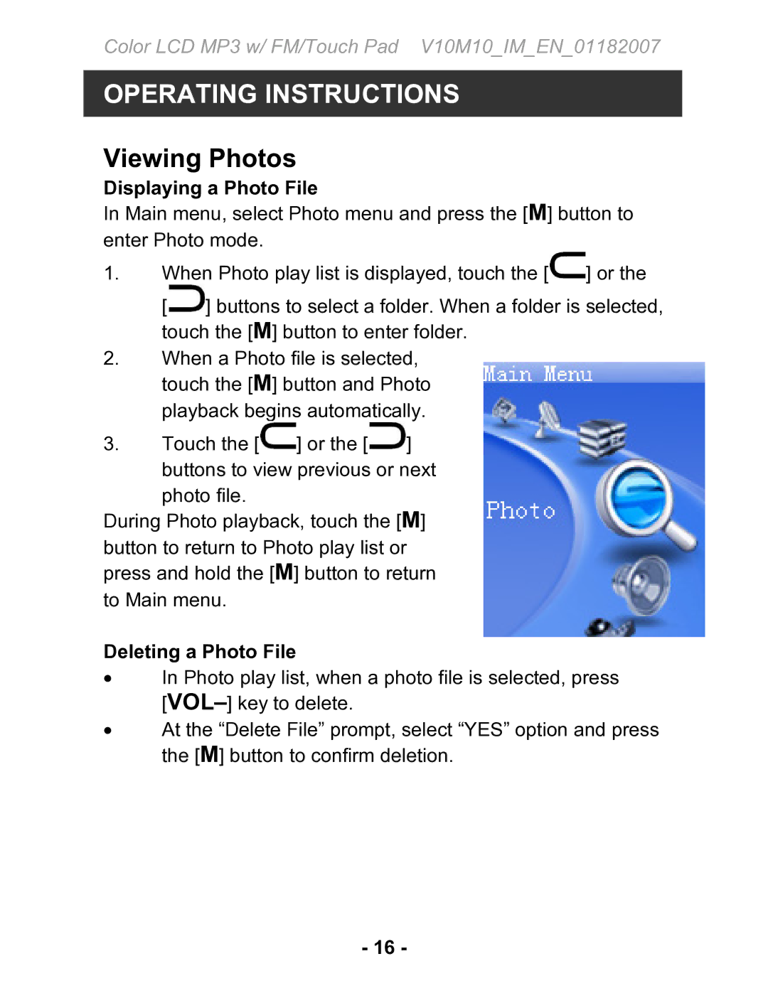 Jwin JX-MP231 instruction manual Viewing Photos, Displaying a Photo File, Deleting a Photo File 