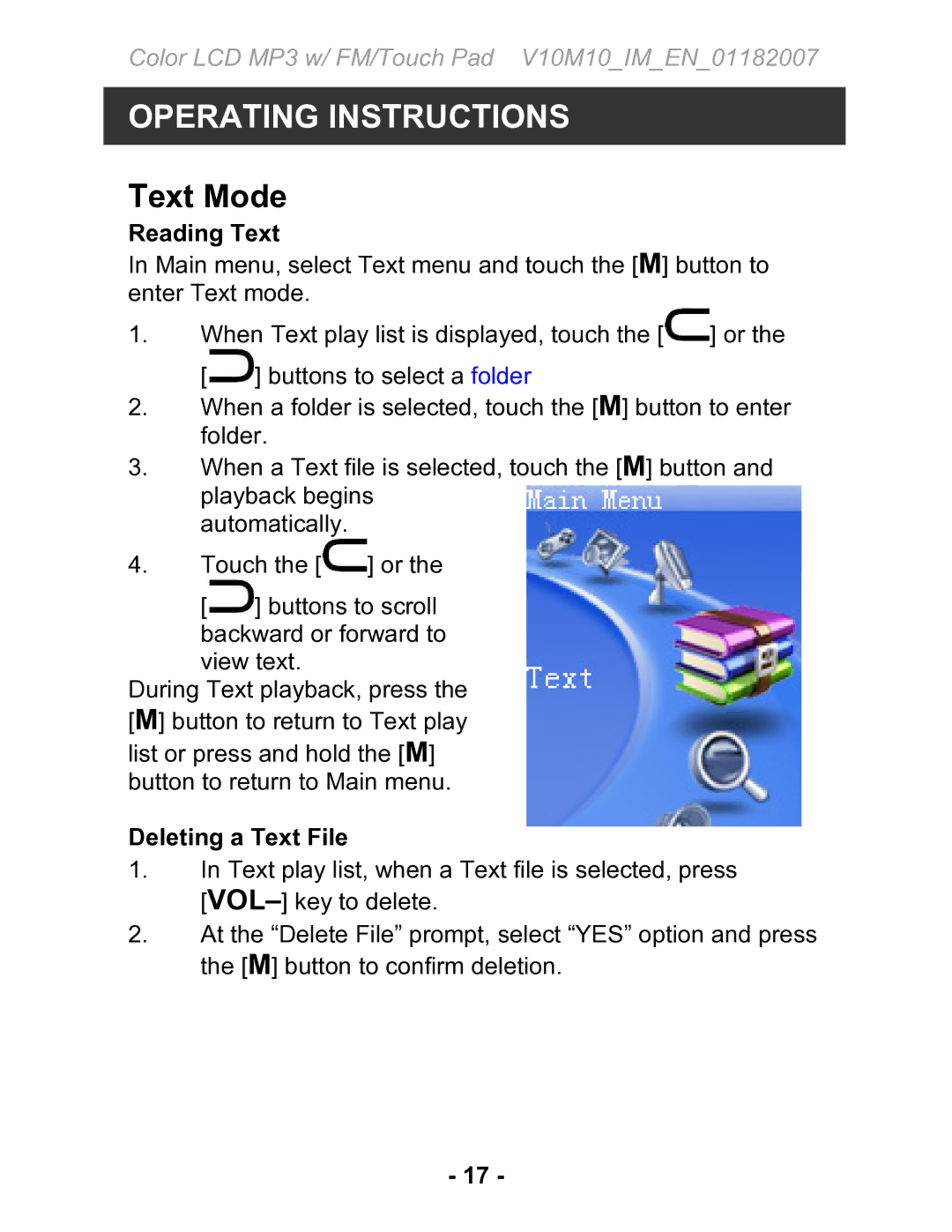 Jwin JX-MP231 instruction manual Text Mode, Reading Text, Deleting a Text File 