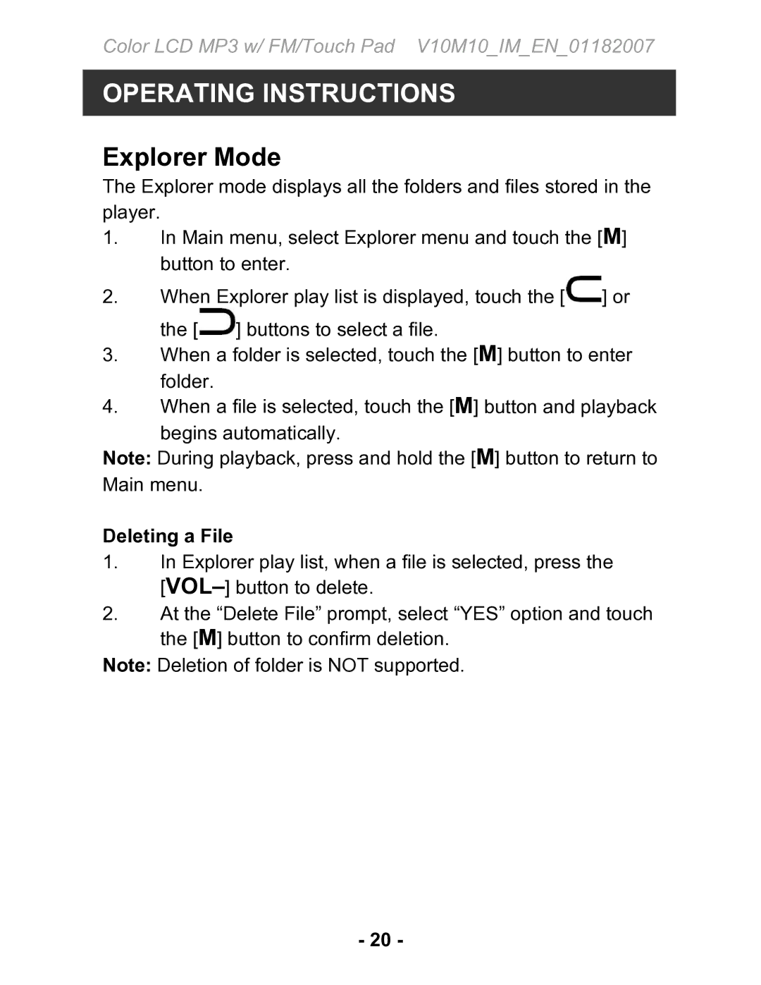 Jwin JX-MP231 instruction manual Explorer Mode, Deleting a File 