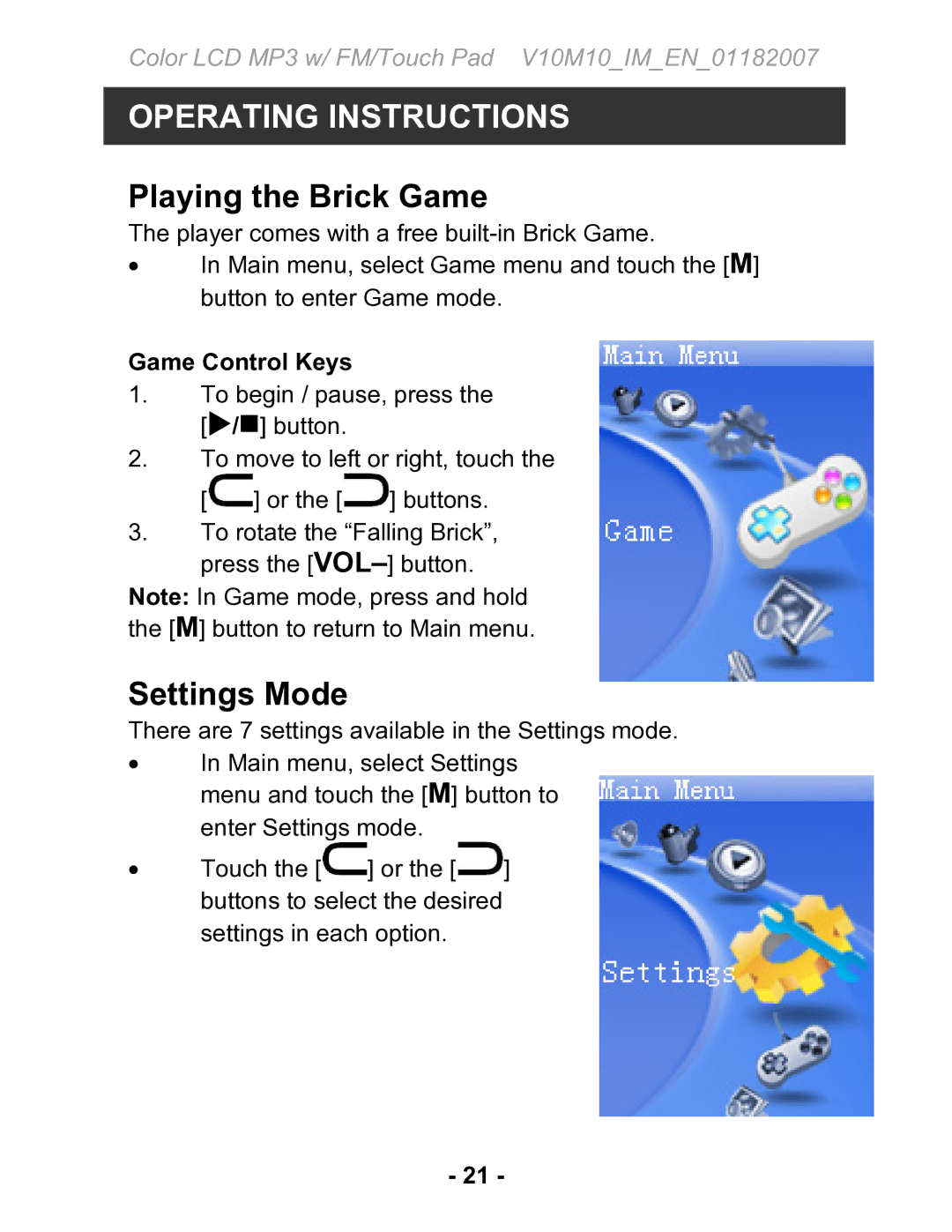 Jwin JX-MP231 instruction manual Playing the Brick Game, Settings Mode, Game Control Keys 