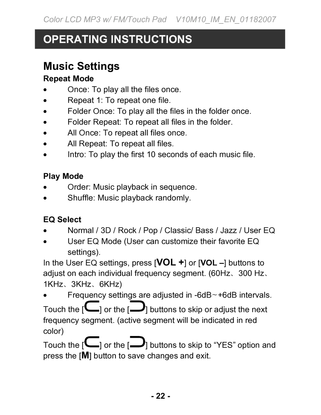 Jwin JX-MP231 instruction manual Music Settings, Repeat Mode, Play Mode, EQ Select 