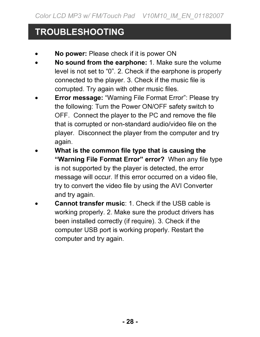 Jwin JX-MP231 instruction manual Troubleshooting 