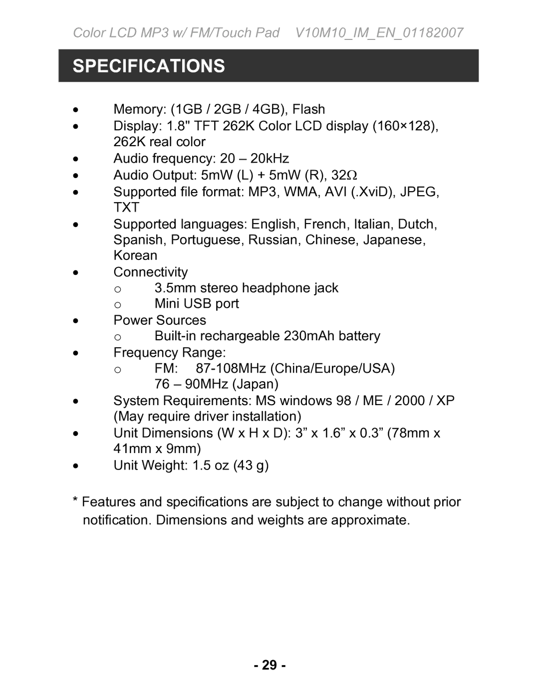 Jwin JX-MP231 instruction manual Specifications, Txt 