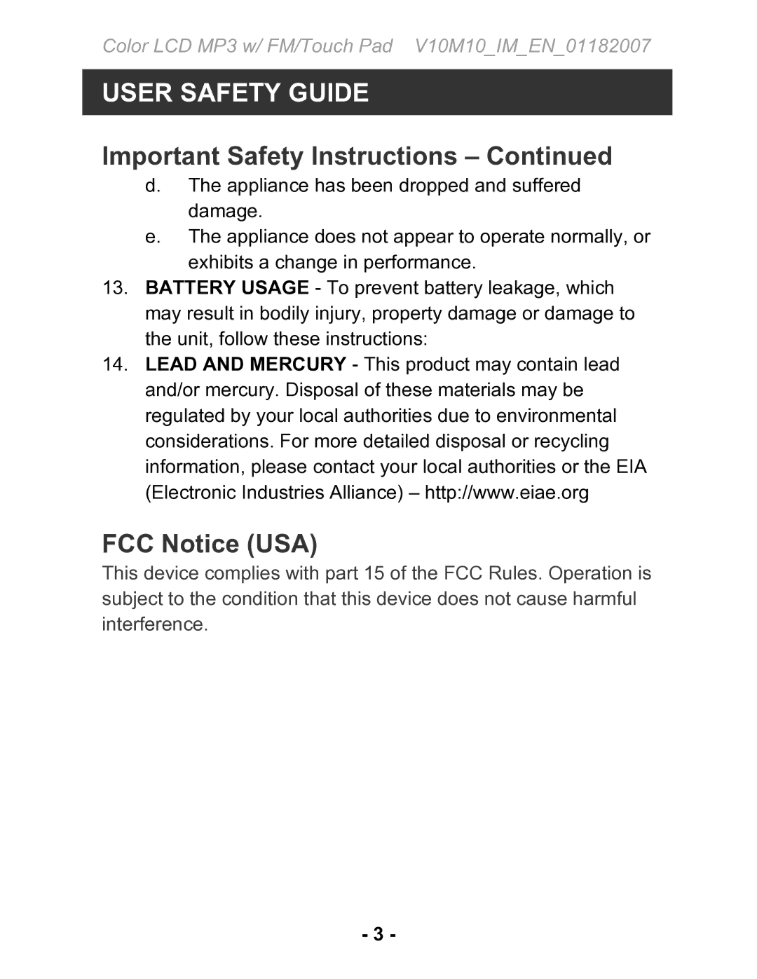 Jwin JX-MP231 instruction manual FCC Notice USA 