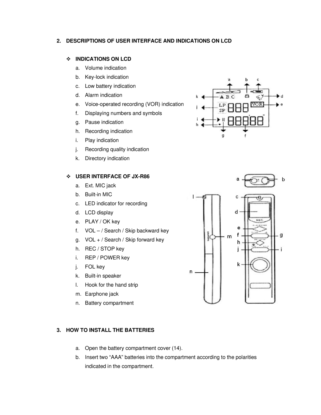 Jwin user manual ™ User Interface of JX-R86, HOW to Install the Batteries 