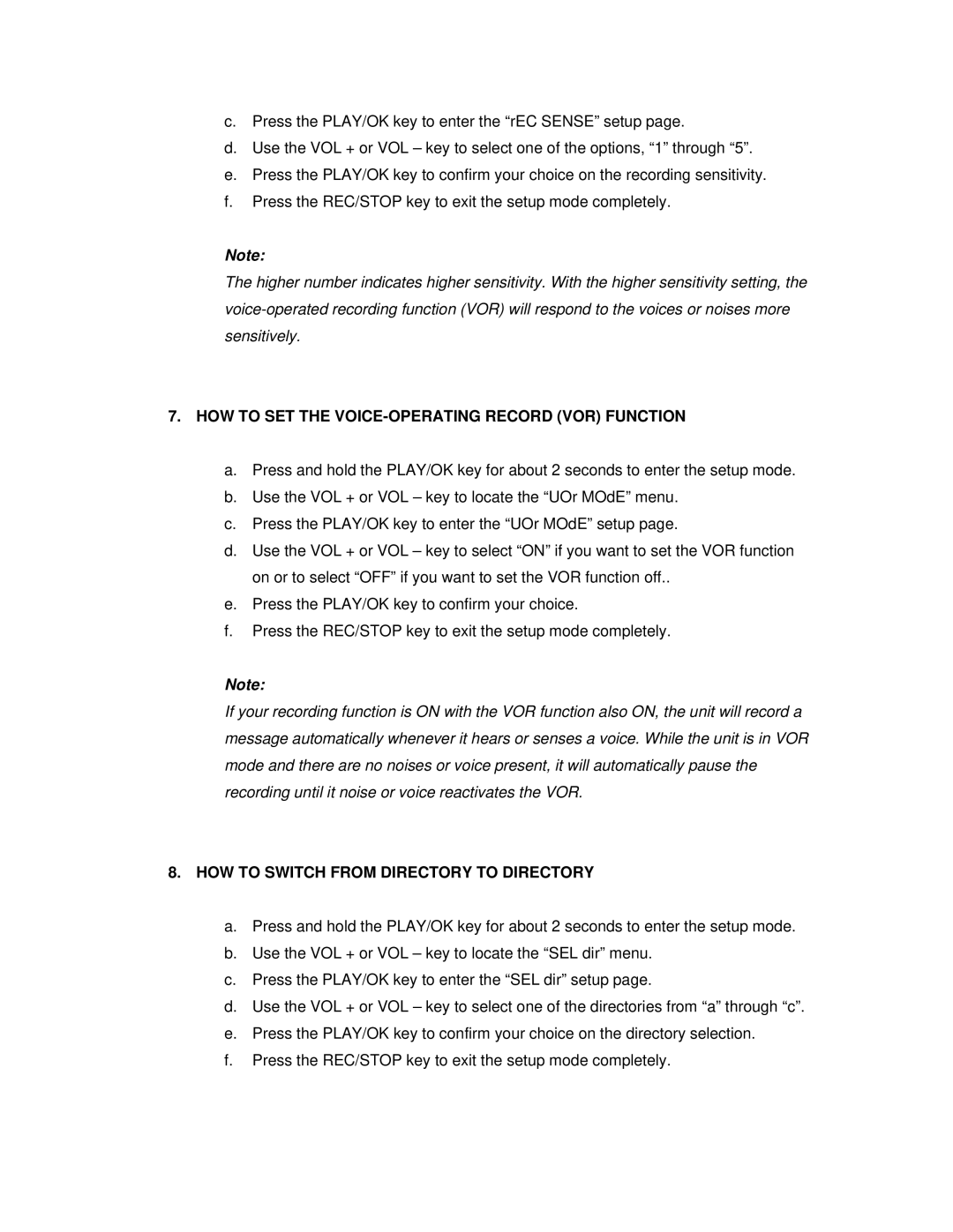 Jwin JX-R86 user manual HOW to SET the VOICE-OPERATING Record VOR Function, HOW to Switch from Directory to Directory 