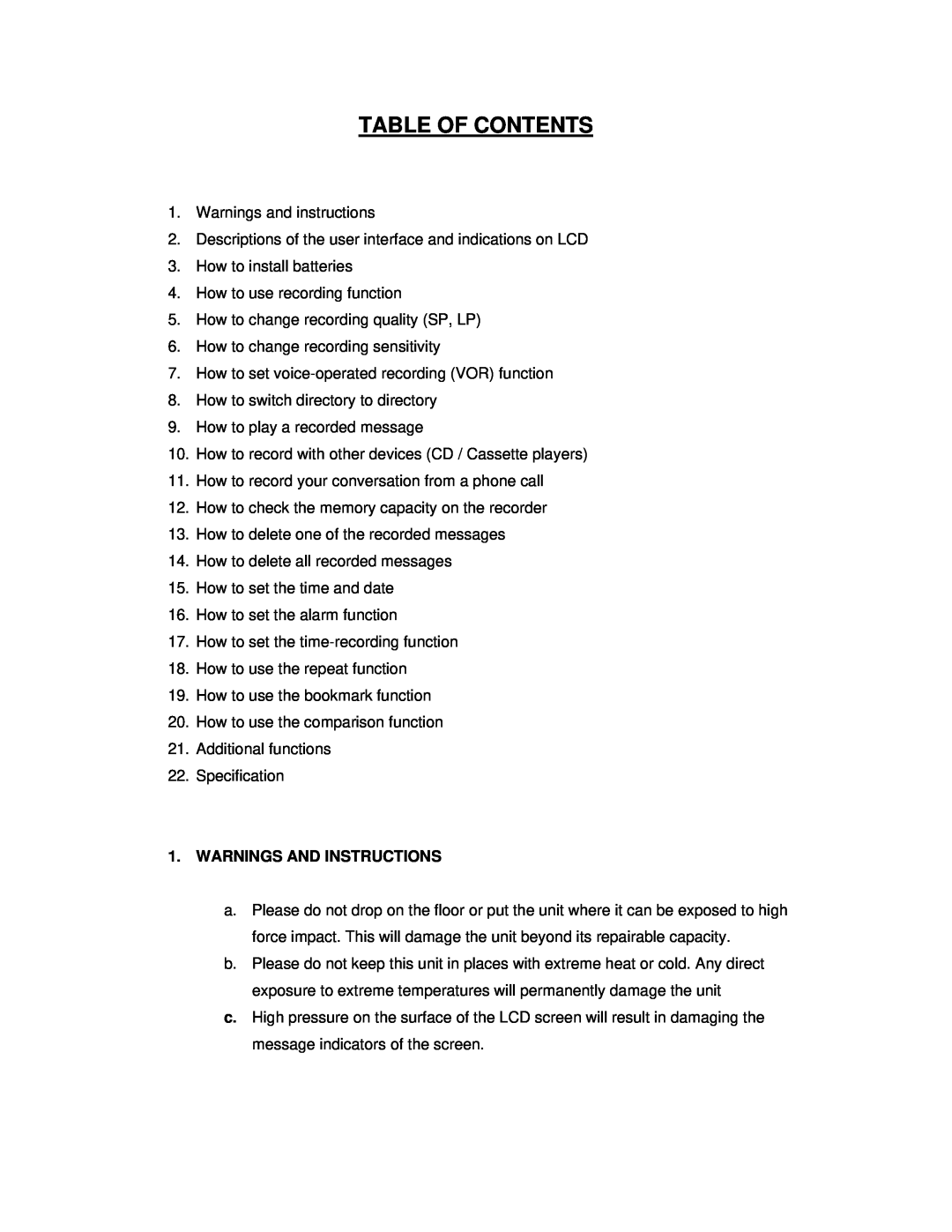 Jwin JX-R86 user manual Warnings And Instructions, Table Of Contents 