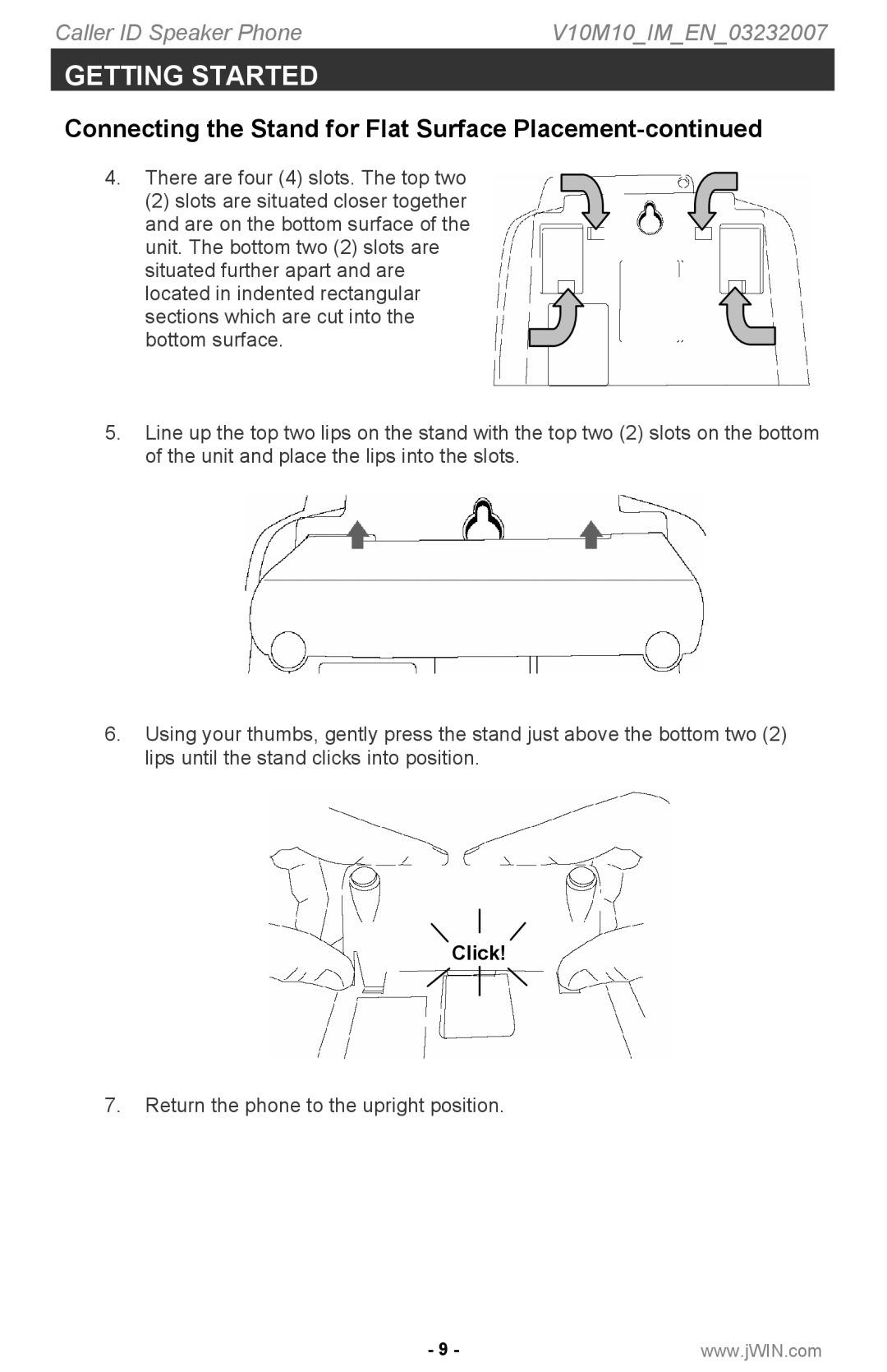 Jwin P531 instruction manual Connecting the Stand for Flat Surface Placement, Click 