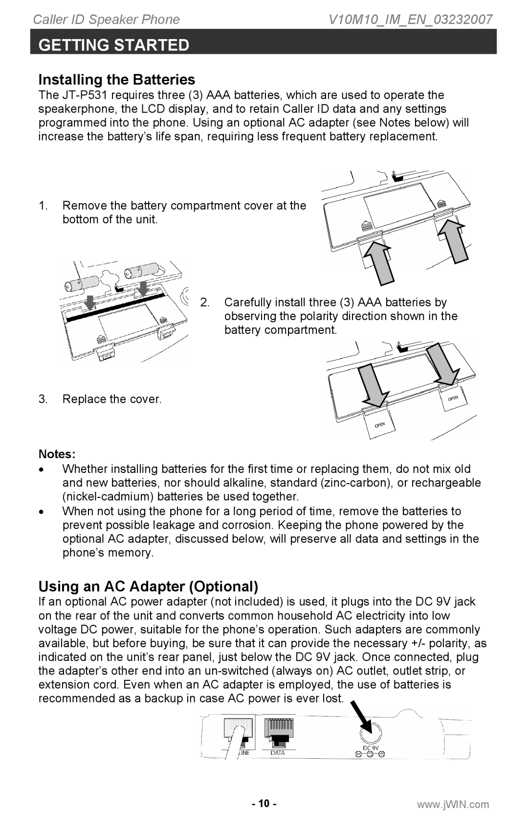 Jwin P531 instruction manual Installing the Batteries, Using an AC Adapter Optional 