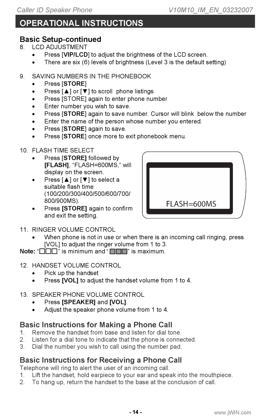 Jwin P531 Basic Instructions for Making a Phone Call, Basic Instructions for Receiving a Phone Call, Press Speaker and VOL 