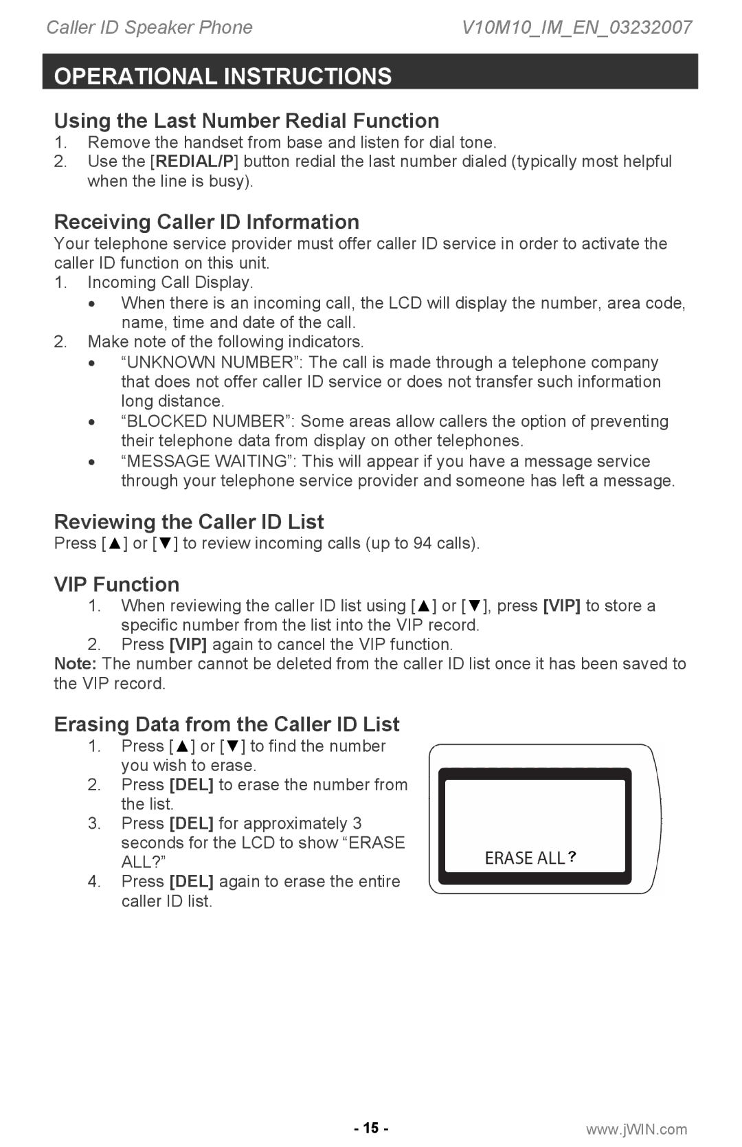 Jwin P531 Using the Last Number Redial Function, Receiving Caller ID Information, Reviewing the Caller ID List 