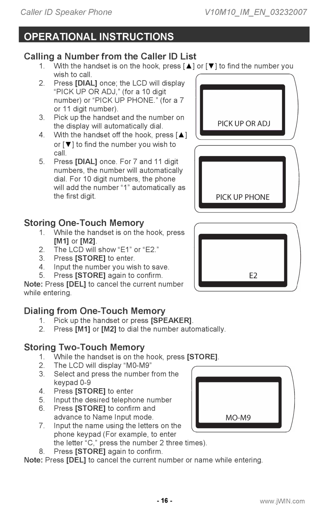 Jwin P531 Calling a Number from the Caller ID List, Storing One-Touch Memory, Dialing from One-Touch Memory 