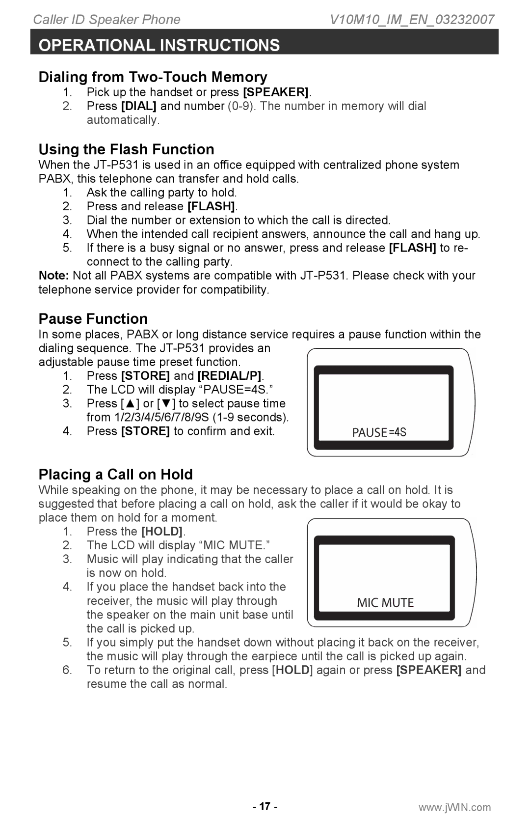 Jwin P531 Dialing from Two-Touch Memory, Using the Flash Function, Pause Function, Placing a Call on Hold 