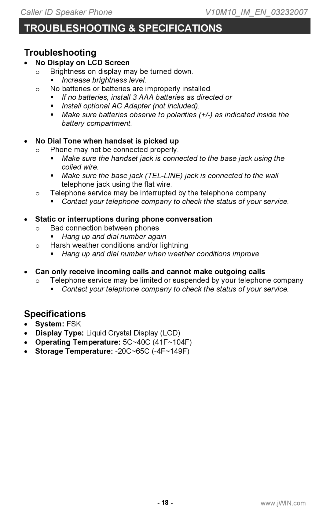 Jwin P531 instruction manual Troubleshooting & Specifications 