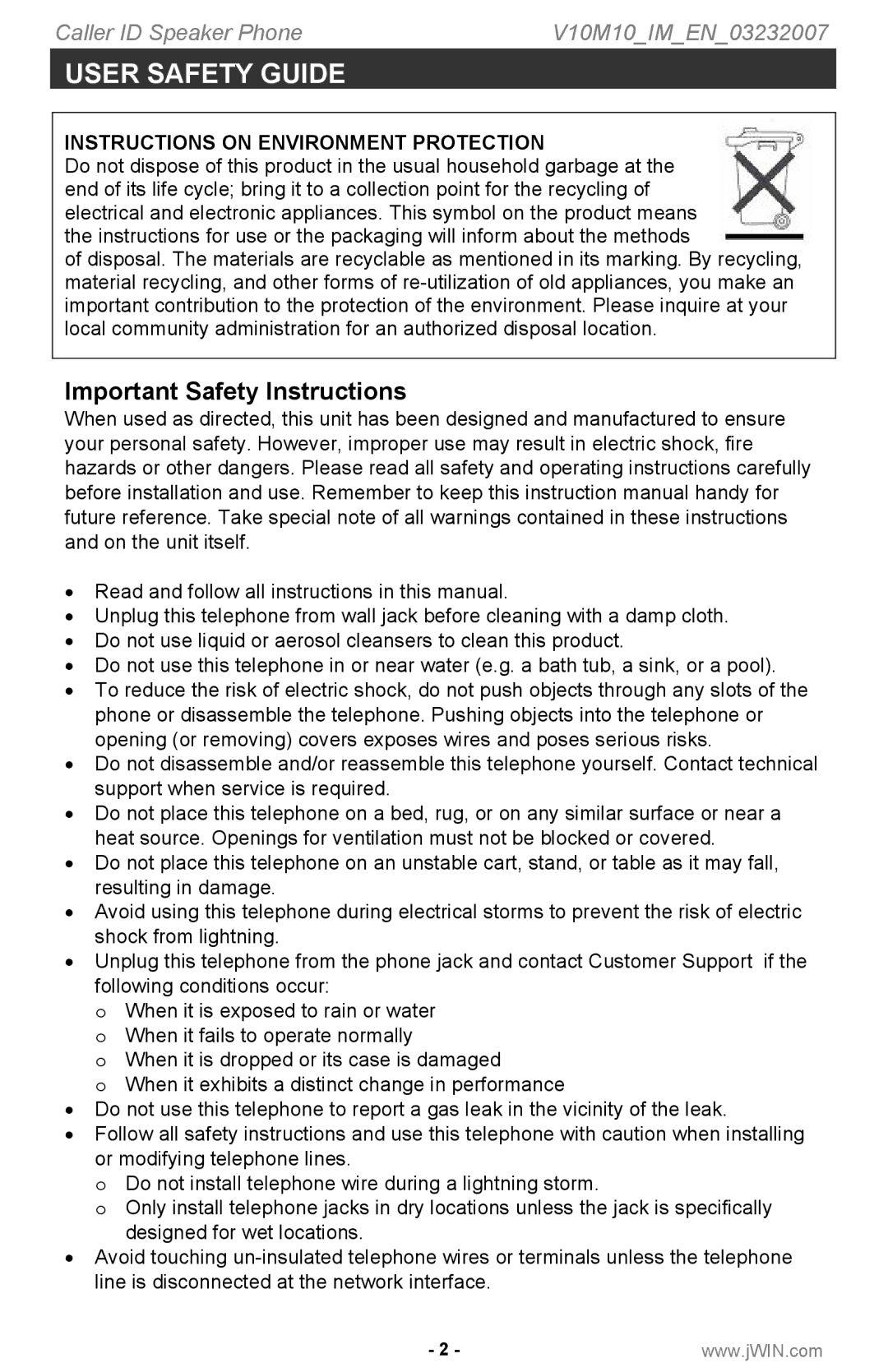 Jwin P531 instruction manual User Safety Guide, Important Safety Instructions 