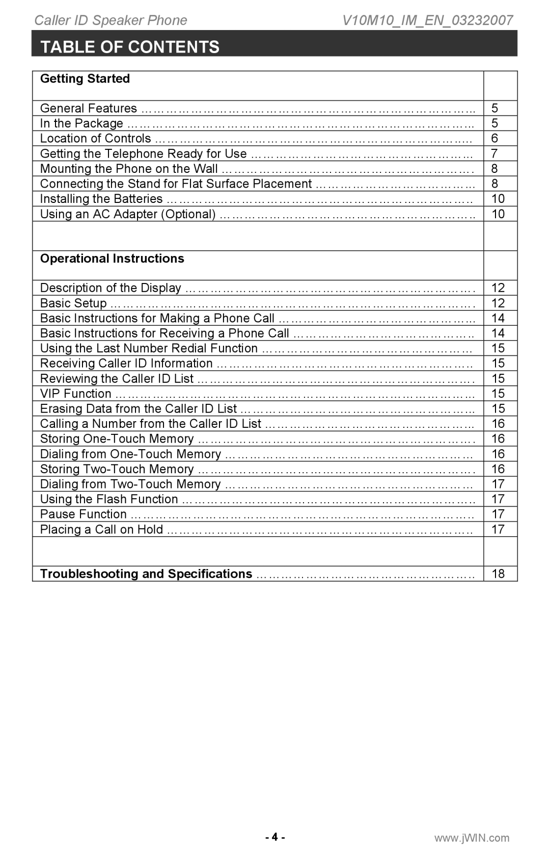 Jwin P531 instruction manual Table of Contents 