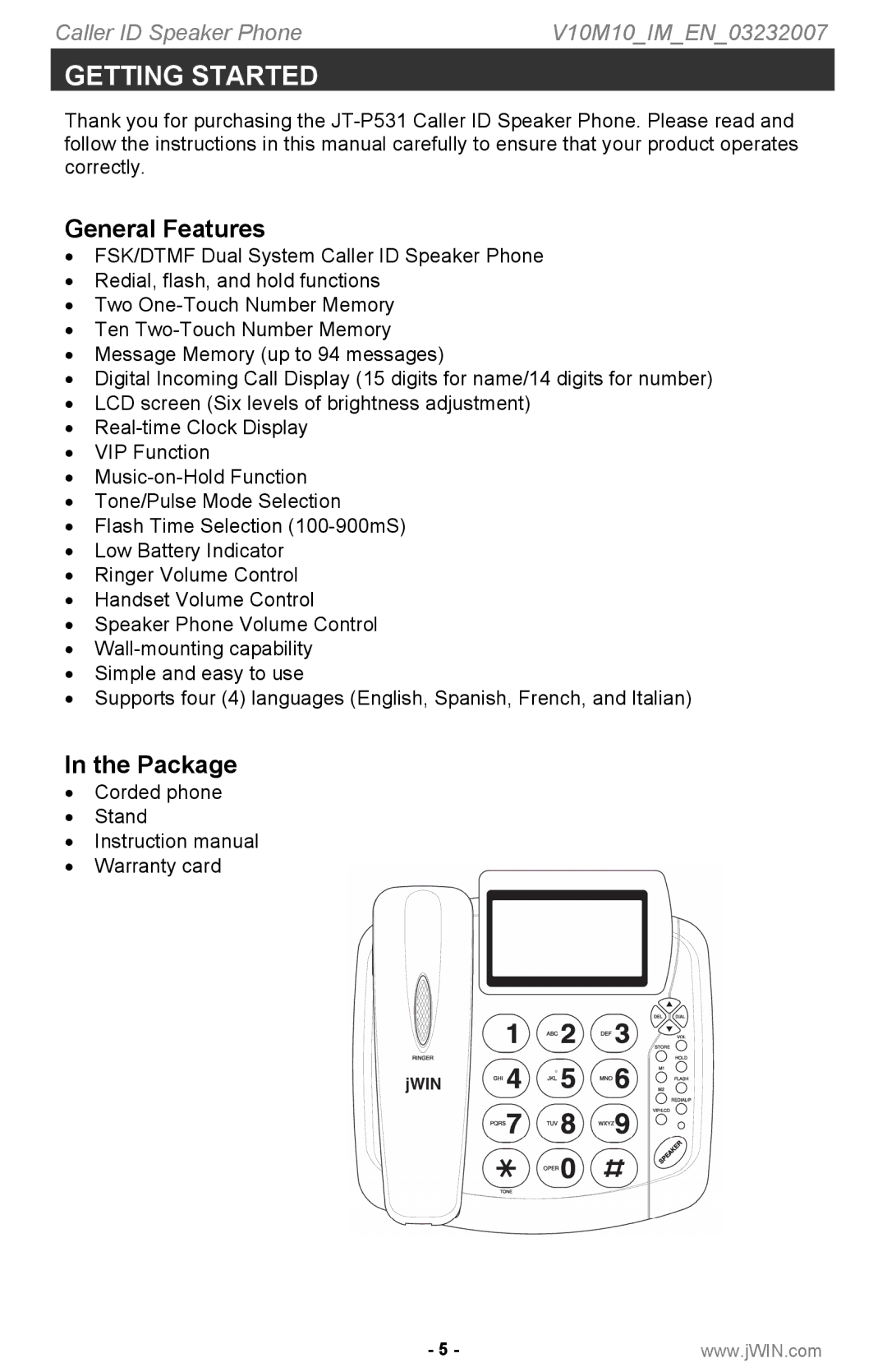 Jwin P531 instruction manual Getting Started, General Features, Package 